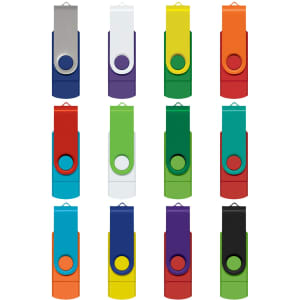 A set of Helix 8GB dual flash drives in various colours, including purple, orange, green, and red, displayed in rows.
