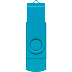 A teal Helix 8GB dual flash drive with a swivel design and a circular button. It features a logo on one side.