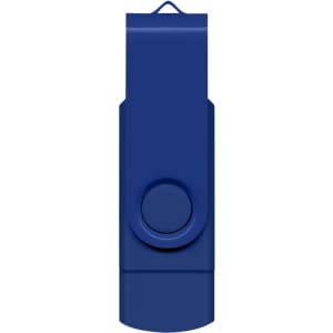 A blue Helix 8GB dual flash drive with a clip design and a circular button. It features a logo.
