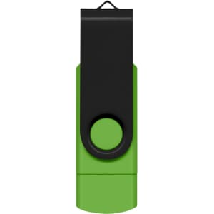 A green and black Helix 8GB dual flash drive with a clip for attachment.