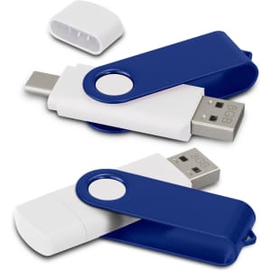 A dual flash drive in blue and white, featuring a swivel design and a cap. It includes a branding logo.