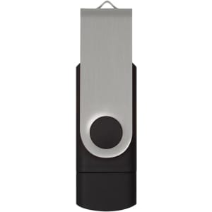 A black and silver Helix 8GB dual flash drive with a metal clip and circular button, featuring a logo.