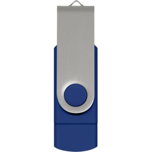 A blue Helix 8GB dual flash drive with a silver clip and button, featuring a logo on the clip.