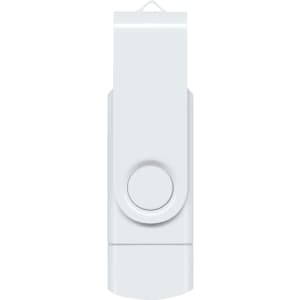 A white Helix 8GB dual flash drive with a swivel design and an attached loop for convenience.