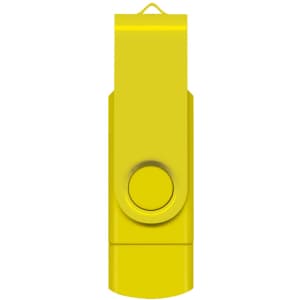 A yellow Helix 8GB dual flash drive with a swivel cap and an attached loop for convenience.