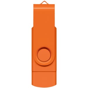 An orange Helix 8GB dual flash drive with a swivel design and a loop for attachment.