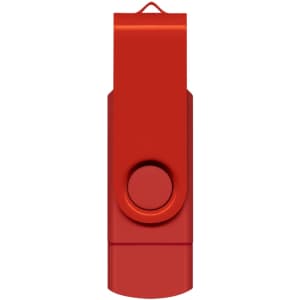 A red dual flash drive with a swivel design and a single attachment loop.
