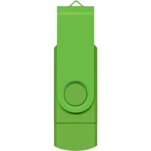 A green Helix 8GB dual flash drive with a swivel design and a circular button. It features a logo on the surface.