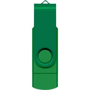 A green dual flash drive featuring a swivel design and a keyring loop for easy attachment.