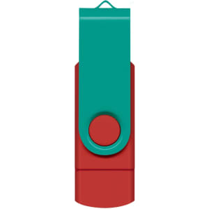 A dual flash drive featuring a teal cap and a red body, with a circular button and a loop for attachment.