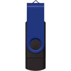 A blue and black Helix 16GB dual flash drive, featuring a rotating clip and a branding logo.