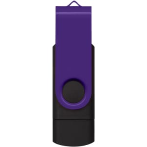 A purple and black Helix 16GB dual flash drive featuring a swivel design and a loop for attachment.