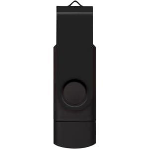 A black dual flash drive with a swivel cover and a small loop for attaching to keychains.