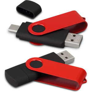 A red and black dual flash drive with a swivel cap, featuring a USB connector and a removable cover.