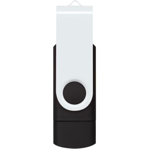 A dual flash drive in black and white, featuring a clip design and a circular button, with a logo present.