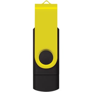 A dual flash drive featuring a black and bright yellow design, with a clip for easy attachment.