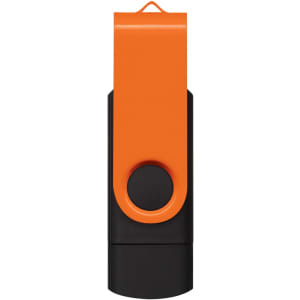 A dual flash drive in black and orange, featuring a swivel design and a circular button, with a logo.