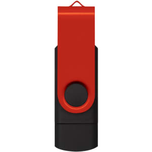 A red and black dual flash drive with a swivel design and a logo on the side.