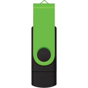 A green and black dual flash drive with a swivel design and a branding logo.