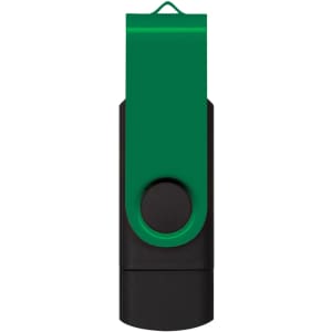 A black and green Helix 16GB dual flash drive with a swivel design and a loop for attachment.
