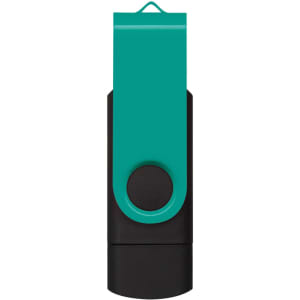 A dual flash drive in teal and black, featuring a swivel design and a circular button.
