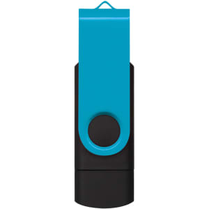 A dual flash drive with a turquoise and black design, featuring a twist mechanism and a logo.