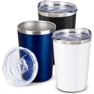 A drink bottle set featuring a blue, black, and white vacuum cup with clear lids and stainless steel interiors.