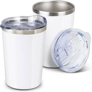 A drink bottle set featuring white vacuum cups with stainless steel rims and clear lids.
