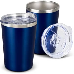 A drink bottle set featuring two navy blue vacuum cups with stainless steel rims and clear lids.
