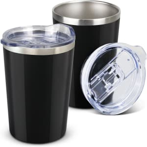 A drink bottle in black with a stainless steel rim and a clear lid, featuring a branding logo. Two units are displayed.