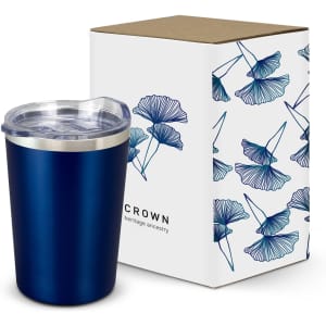 A drink bottle in navy blue with a transparent lid, alongside a floral-patterned box featuring a logo.