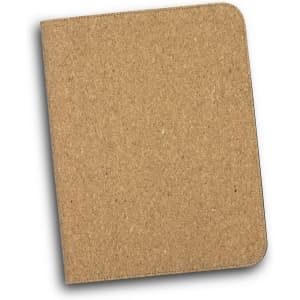A cork portfolio in a natural brown hue with rounded edges, featuring a subtle logo.