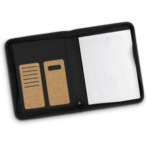A black A4 portfolio with cork cardholders and a lined notepad, featuring a zip closure.