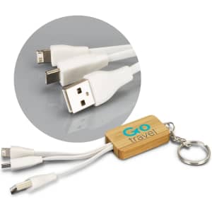 A bamboo key ring featuring a rectangular design with three charging cable connectors in white.