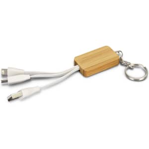 A bamboo charging cable key ring with white connectors for various devices, featuring a keyring attachment.