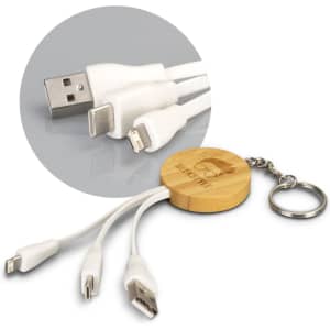 A round bamboo key ring with a USB charging cable featuring multiple connectors in white. Includes a logo on the bamboo surface.