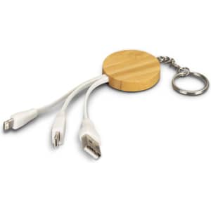 A round bamboo charging cable key ring featuring white connectors for various devices, attached to a metal keyring.