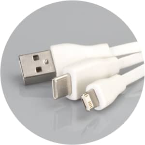 A round bamboo charging cable key ring in white, featuring USB, USB-C, and Lightning connectors.