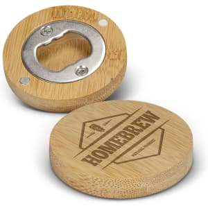A drink bottle opener made of bamboo with a stainless steel opener and a round base featuring a logo.