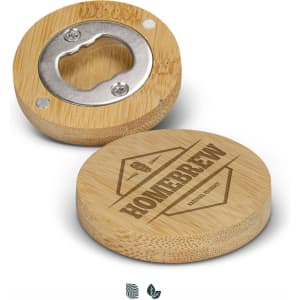 A drink bottle opener made of bamboo with a metal opening mechanism and engraved with a logo.