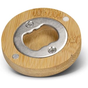 A drink bottle opener made of bamboo with a stainless steel cap remover, featuring a circular design.