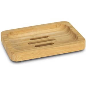 A bamboo soap holder with a rectangular shape and drainage grooves, showcasing a natural wood finish.