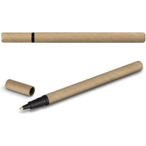 A Kraft paper pen with a black tip and a brown paper barrel, featuring a removable cap and a logo.