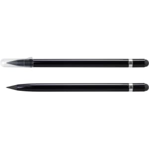 Two black stylus pens, one with a clear cap and a pointed tip, the other with a rounded tip. Both have a silver band.