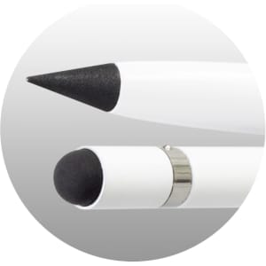 An Infinity Inkless Stylus Pen in white with a black tip and a rounded end, featuring a silver accent.