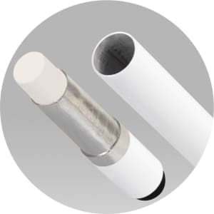 An Infinity Inkless Stylus Pen in white with a metallic section and a rounded tip. It has a sleek design and a logo.