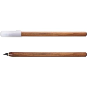 A metal pen with a wooden finish and a clear cap, featuring a sleek, minimal design.
