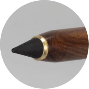 A metal pen with a wooden finish and a black writing tip, featuring a gold band near the tip.