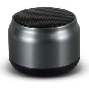 Auris Bluetooth speaker in metallic silver with a black base. Compact design with a textured top.
