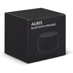 A black box containing the Auris Bluetooth speaker, featuring a minimalist design and a logo.